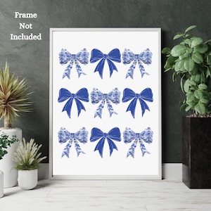 Blue Toile Chinoiserie Bow Poster, Pretty Bow Wall Art Print, Unique Home Decor, Elegant Room Decor, Vintage Art Print, Chinoiserie Poster