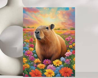 Capybara Art Print, Whimsical Flowers, Wildlife Home Decor