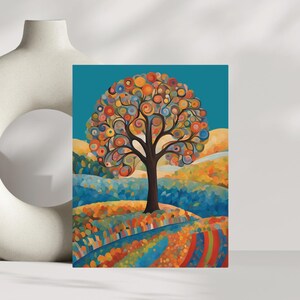 Póster de arte popular de otoño, impresión de arte de árbol para decoración del hogar, arte de pared, regalo de arte popular, decoración de otoño, regalo para amantes de la naturaleza, decoración de pared de arte popular colorido