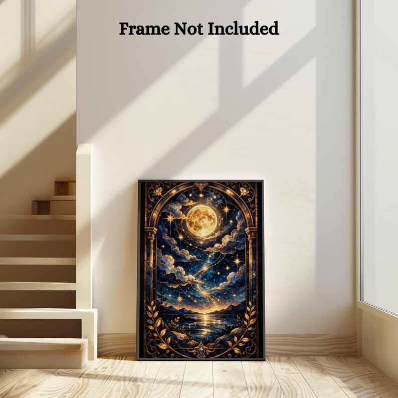Celestial Moon & Stars Art Print | Golden Moonlit Night Poster - Etsy
