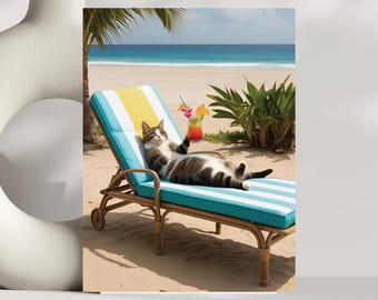 Cat with Cocktail Beach Poster: Funny Summer Wall Art