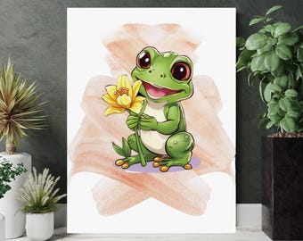 Frog with Flower Art Print, Whimsical Kids Room Decor