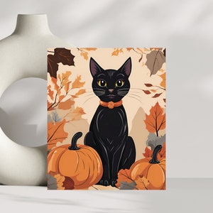 Impresión artística de otoño, arte de gato negro, póster vertical mate de otoño, regalo para amantes del otoño, regalo para amantes de los gatos, decoración de pared, decoración de otoño