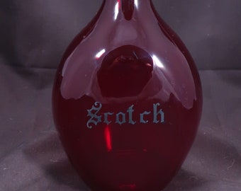 Very Rare! Blenko? Ruby Red Pinch Decanter, etched “Scotch” label silver overlay