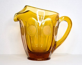 32oz Fostoria Amber Coin Glass Pitcher 6 5/8” tall, Perfect Condition