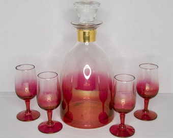 Vintage Cranberry fade Bohemian Glass Decanter with gold flashed neck and 4 Cordial glasses