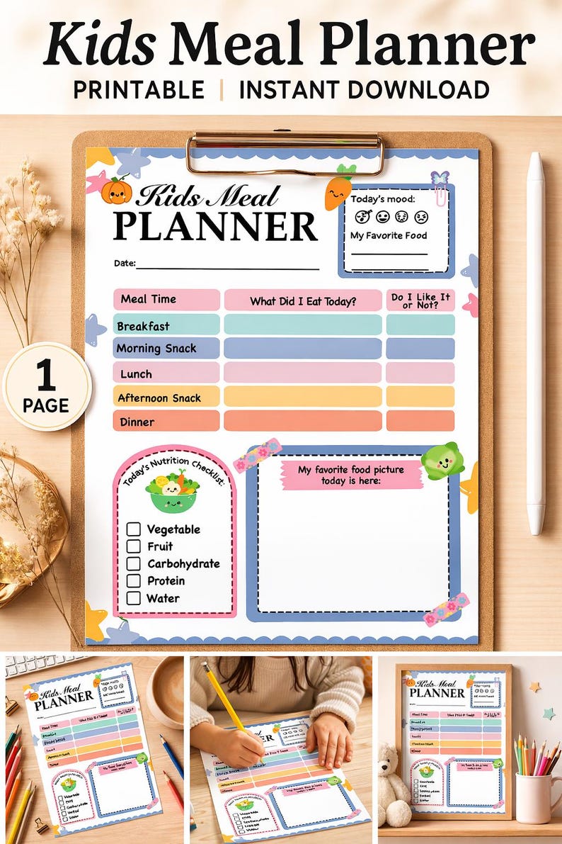 Kids Meal Planner Printable | Daily Food Tracker, Nutrition Checklist ...