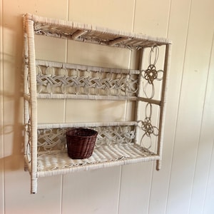 Vintage White Wicker Wall Shelf – Boho Rattan Hanging Shelf with Knotwork Detail