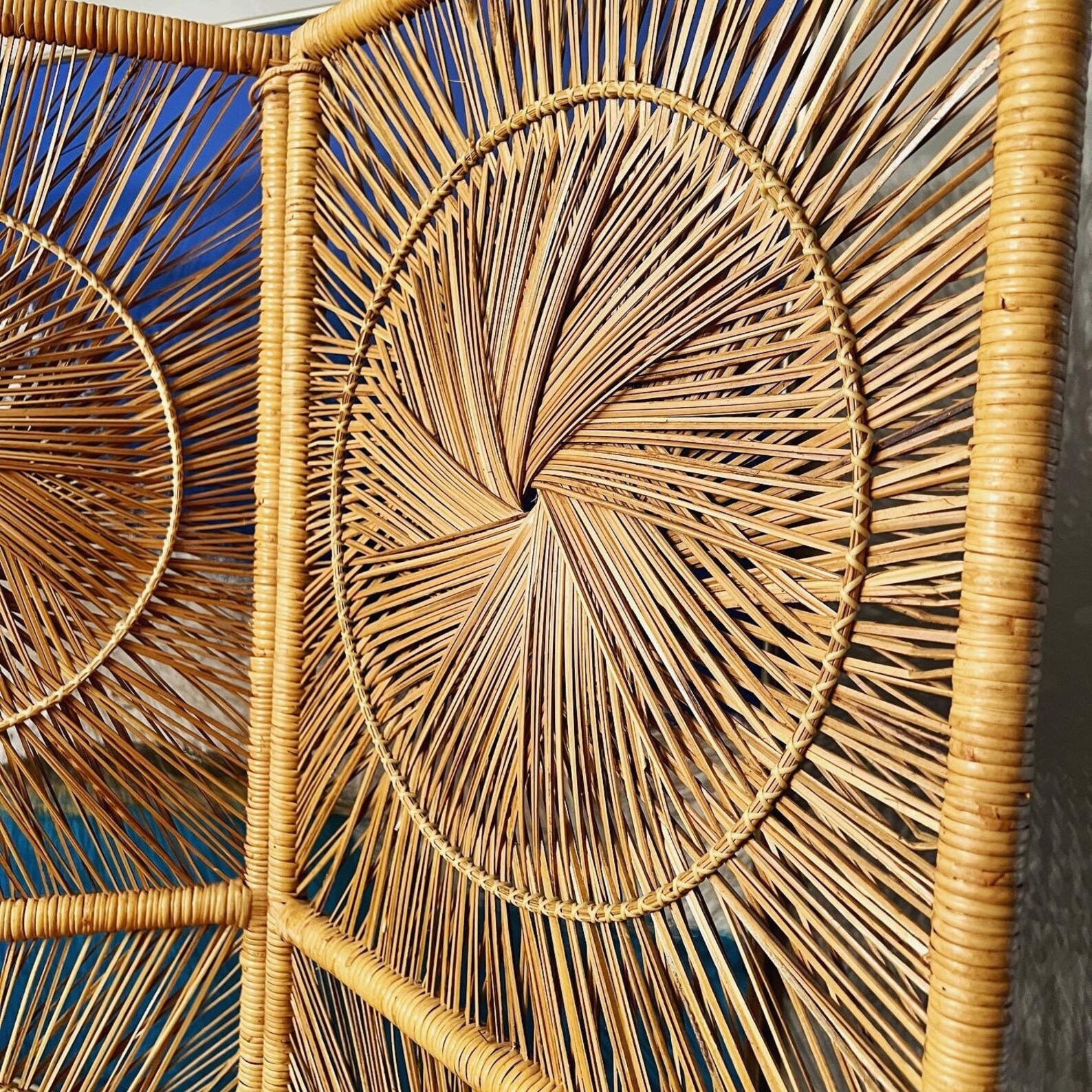 Vintage Rattan Sunburst Room Screen, Mid Century Boho Folding Room