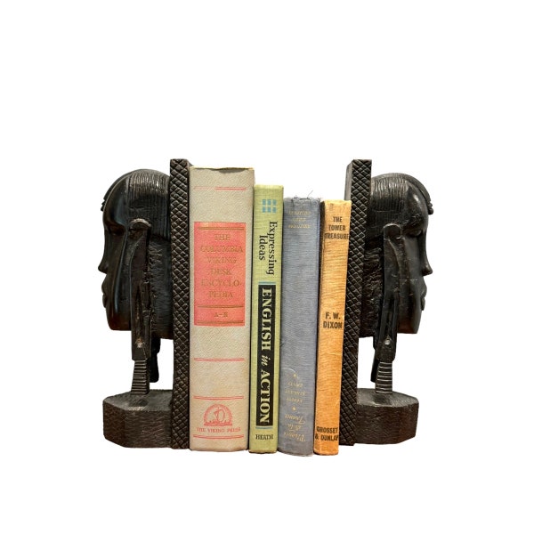 Wood Handcarved Bookends Vintage Pair Black