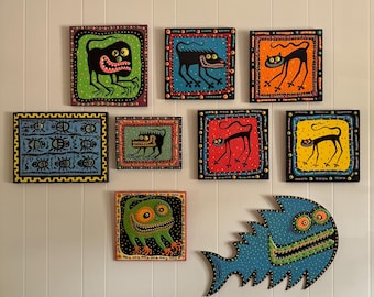 Glenn Fox Original Art Collection, Signed Folk Outsider 9-Piece Wall Art Group