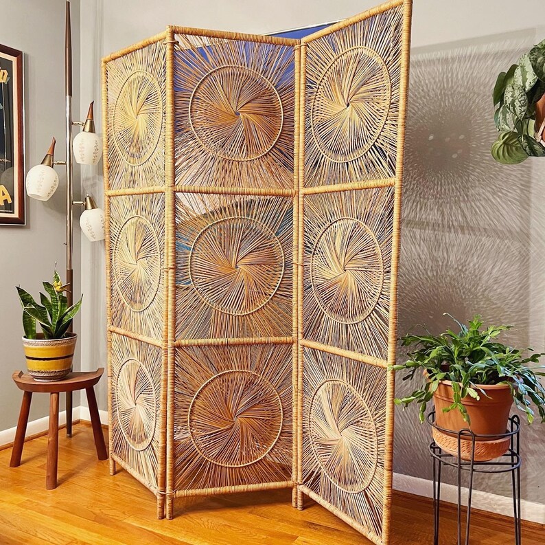 Vintage Rattan Sunburst Room Screen, Mid Century Boho Folding Room