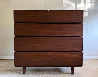 American of Martinsville Tall Dresser in Walnut, Restored Mid Century Modern Chest of Drawers