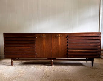 American of Martinsville Dania Credenza 84” Walnut Louvered Mid Century Media Console