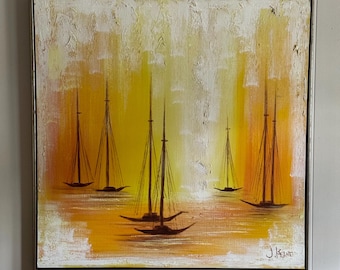 Large Textured Sailboat Painting Signed J Kane | Mid Century Modern Style Coastal Wall Art
