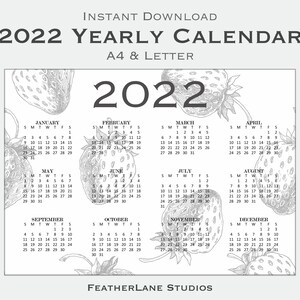 2022 Year Calendar Printable - Strawberry Print, Yearly Wall Calendar, Desk Calendar, A4/Letter, Horizontal