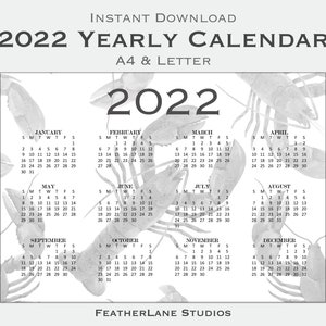 2022 Year Calendar Printable - Lobster Print, Yearly Wall Calendar, Desk Calendar, A4/Letter, Horizontal