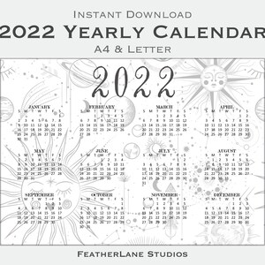 2022 Year Calendar Printable - Sun and Moon Print, Yearly Wall Calendar, Desk Calendar, A4/Letter, Horizontal