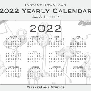 2022 Year Calendar Printable - Fancy Flamingo Print, Yearly Wall Calendar, Desk Calendar, A4/Letter, Horizontal