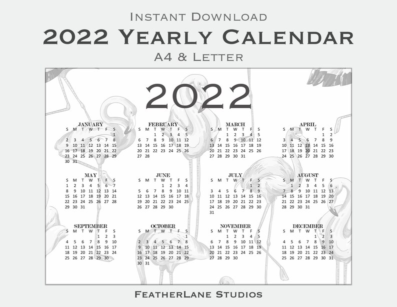2022 Year Calendar Printable Fancy Flamingo Print, Yearly Wall Calendar, Desk Calendar, A4