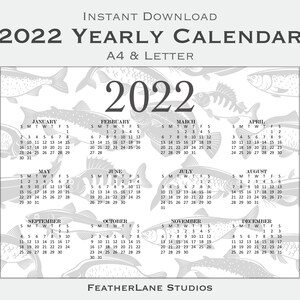 2022 Year Calendar Printable - Fishes Print, Yearly Wall Calendar, Desk Calendar, A4/Letter, Horizontal