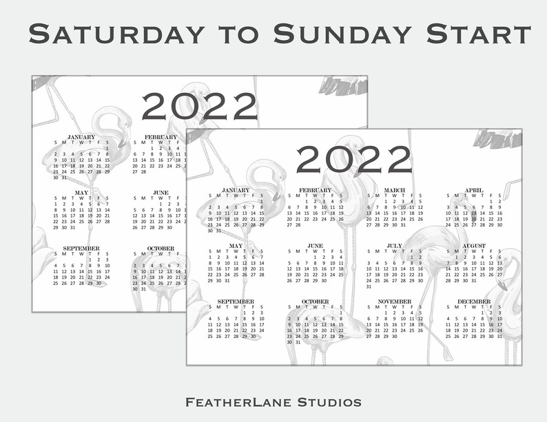 2022 Year Calendar Printable Fancy Flamingo Print, Yearly Wall Calendar, Desk Calendar, A4