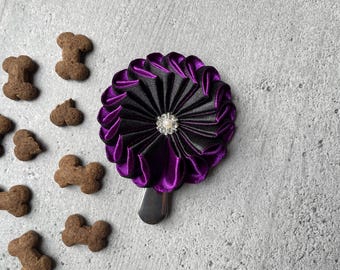 Dog or cat show catalog number holder made of purple satin ribbon, brooch accessory for cat or dog show exhibitor for show number