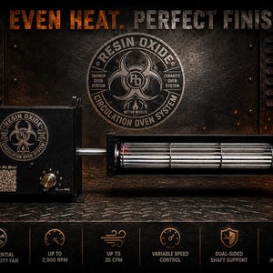 May include: A black Resin Oxide circulation oven system featuring a 10-inch tangential high-velocity fan, a variable speed control knob numbered 0 to 11, and a QR code. The unit displays the text EVEN HEAT. PERFECT FINISH. and technical specifications.