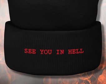 See you in hell beanie, hell beanie, embroidered beanie | Halloween beanie, Samhain beanie