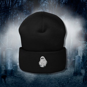 Embroidered ghost beanie | black beanie, beanie for Halloween, goth fashion accessory, spooky beanie