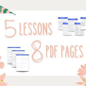 May include: A digital download of 5 lessons in PDF format, with 8 pages total. The lessons are about how to make money online. The image features a pink and green floral design.
