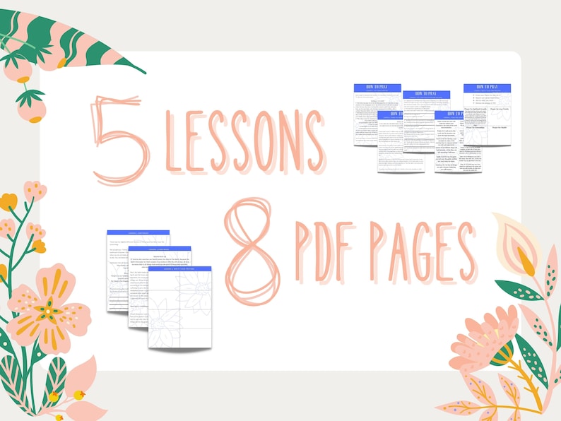 May include: A digital download of 5 lessons in PDF format, with 8 pages total. The lessons are about how to make money online. The image features a pink and green floral design.