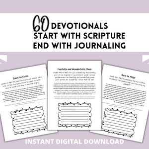 May include: A printable set of 60 devotionals with the title "Start with Scripture, End with Journaling". Each devotional includes a Bible verse, a journaling prompt, and a decorative border.