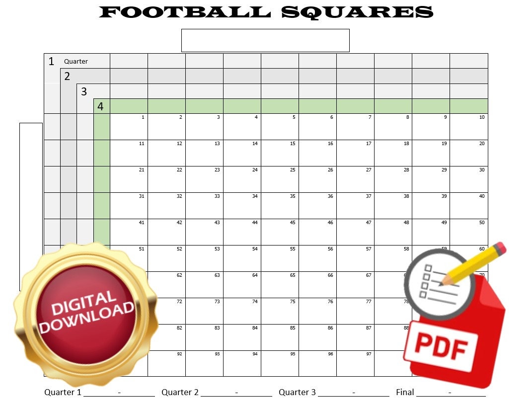 Printable Football Squares Party Game for Any Football Game Including
