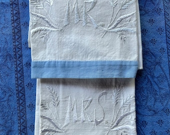 Vintage Mr. And Mrs. White and Blue Linen Hand Towels