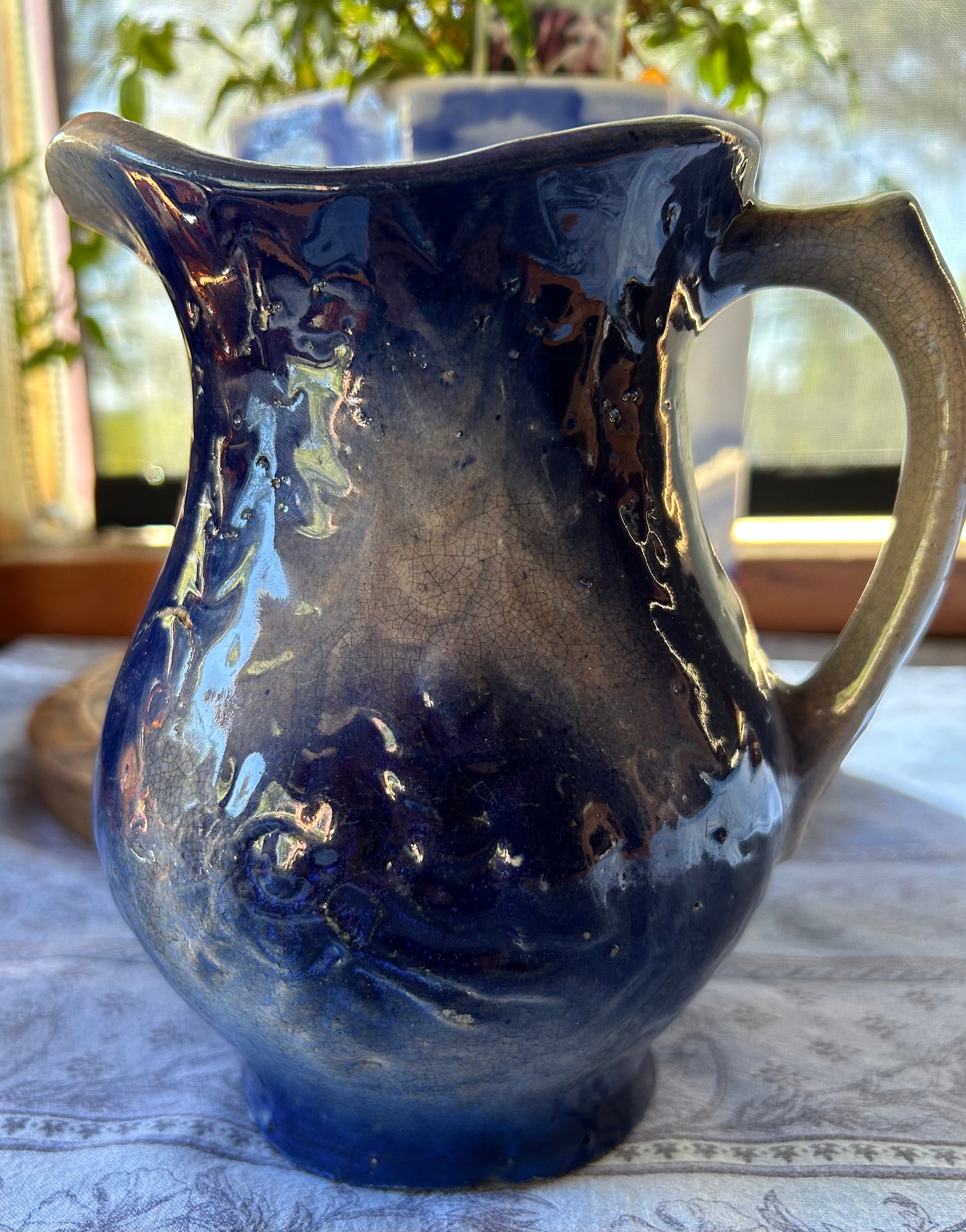 Antique Blue Stoneware Pitcher