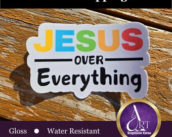 Adhesivo de vinilo impermeable con la imagen de Jesús sobre todo