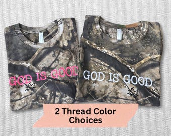 God Is Good Embroidered Realtree Camo T-Shirt - White or Pink Thread