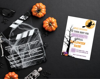 May include: A Halloween party invitation with a black silhouette of a tree and a witch flying on a broomstick. The text reads "Come dressed in your best for Robinson's Annual Halloween Bash!" with the date and time "October 28, 4pm-7pm" and address "123 Castlewood Ln". The invitation also states "Best Costume Prizes".