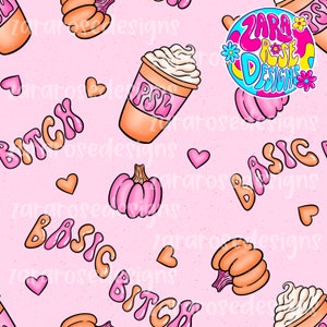 Puede incluir: Un patrón sin costuras con fondo rosa y varios elementos de temática otoñal. El patrón incluye una calabaza, una taza de PSL, corazones y las palabras "Basic Bitch" en un esquema de color rosa y naranja.