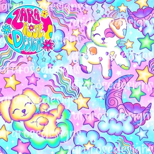 May include: A seamless pattern featuring a whimsical design with a rainbow, stars, clouds, and two cartoon dogs. The background is a gradient of pink and blue. The text "Zara Rose Designs" is in a circle in the top left corner.