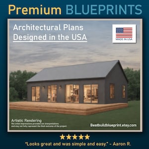 Może przedstawiać: Wizualizacja nowoczesnego domu w stylu wiejskim z szarym zewnętrzem i drewnianym tarasem. Dom posiada duże okna i spadzisty dach. Obraz zawiera tekst "Premium Blueprints, Architectural Plans Designed in the USA, Made in USA, Artistic Rendering, The artist impressions provided are interpretations and may not fully represent the final outcome of the project. Bestbuildblueprint.etsy.com, "Looks great and was simple and easy." - Aaron R."