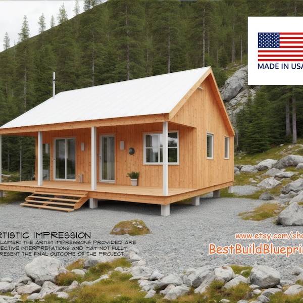 18' x 32' Cabin Tiny House Architectural Blueprint Plans, Construction Details PDF