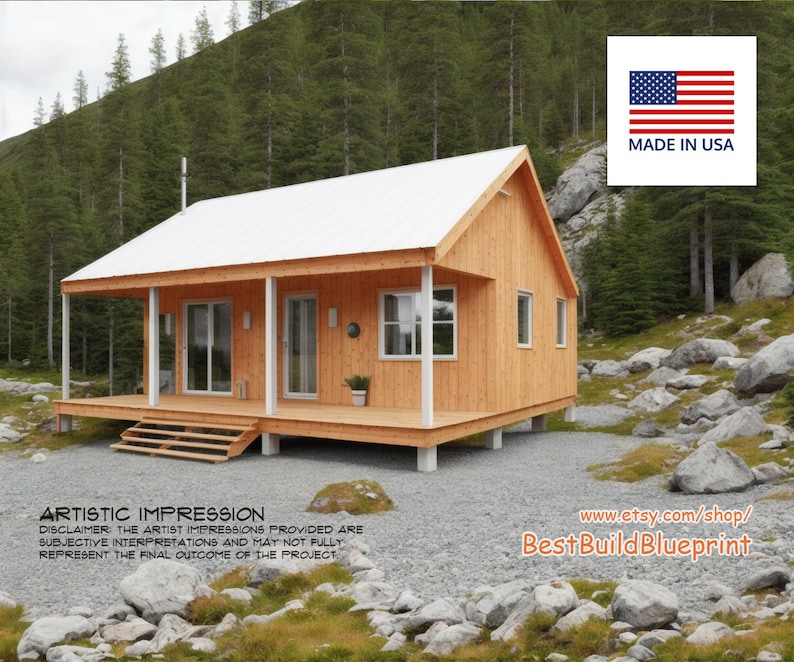 May include: A 3D rendering of a small, wooden cabin with a white roof. The cabin has a porch with a wooden railing and steps leading up to the front door. The cabin is surrounded by rocks and trees. The text "MADE IN USA" is visible in the upper right corner of the image.