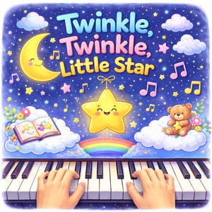 Op de afbeelding: Een grillige illustratie met een pianoklavier en spelende handen. De afbeelding bevat een lachende maan, sterren, muzieknoten, een teddybeer en de tekst "Twinkle, Twinkle, Little Star" in blauw, roze en geel.
