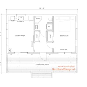 May include: A black and white floor plan of a small house with a covered porch. The house has a living area, bedroom, kitchen, bathroom, and closet. The floor plan includes measurements in feet.