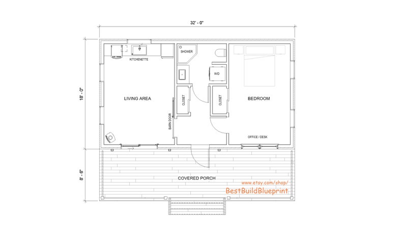 May include: A black and white floor plan of a small house with a covered porch. The house has a living area, bedroom, kitchen, bathroom, and closet. The floor plan includes measurements in feet.