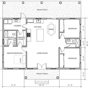 May include: A black and white floor plan of a house with a living room, kitchen, dining room, master bedroom, bathroom, and two bedrooms. The house has a front porch and a back porch.