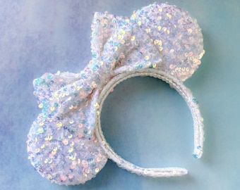 Mouse Ears Headband White Iridescent Sparkly Disney Mickey Minnie Cute Velvet Sequin Bow Adults Girls Hair Accessory
