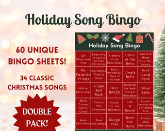 May include: A red and white bingo card with the title "Holiday Song Bingo". The card features 25 squares with Christmas song titles, such as "Jingle Bells", "Rudolph the Red-Nosed Reindeer", and "Here Comes Santa Claus".